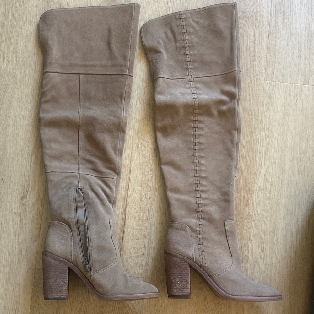 Vince Camuto Taupe Suede Over-the-Knee Block Heel Boots